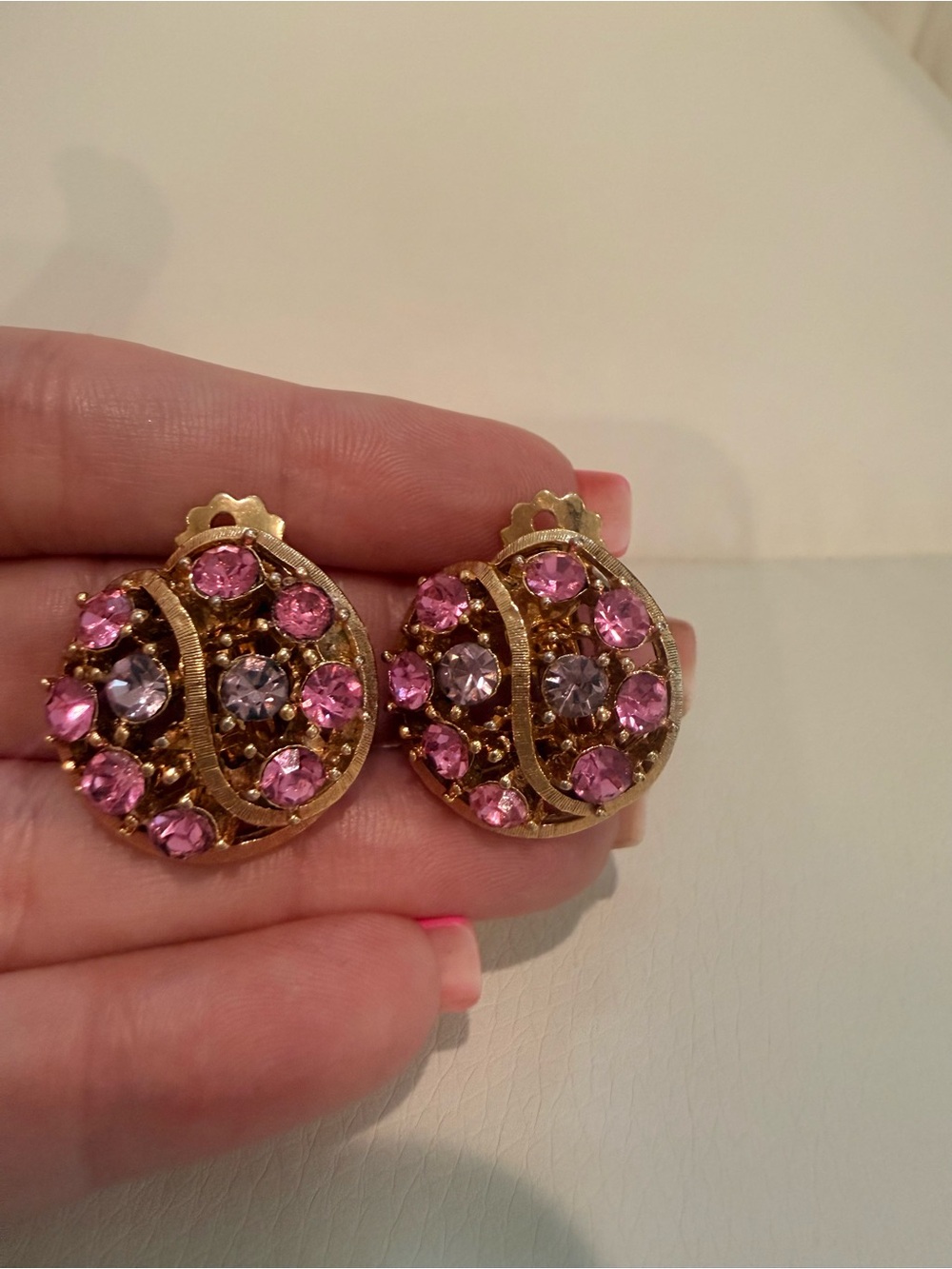 Vintage Gold-Tone Pink Crystal Cluster Clip-On Earrings
